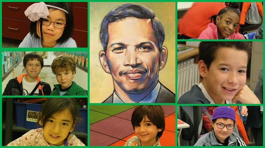 collage of JSIS students and a large image drawing in the center of John Stanford